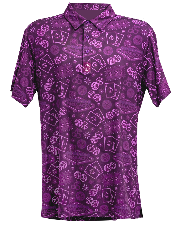 Men’s purple casino golf polo by Pins & Aces featuring an all-over pattern of playing cards, dice, poker chips, slot machines, and Las Vegas-inspired graphics.