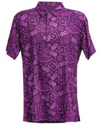 Men’s purple casino golf polo by Pins & Aces featuring an all-over pattern of playing cards, dice, poker chips, slot machines, and Las Vegas-inspired graphics.