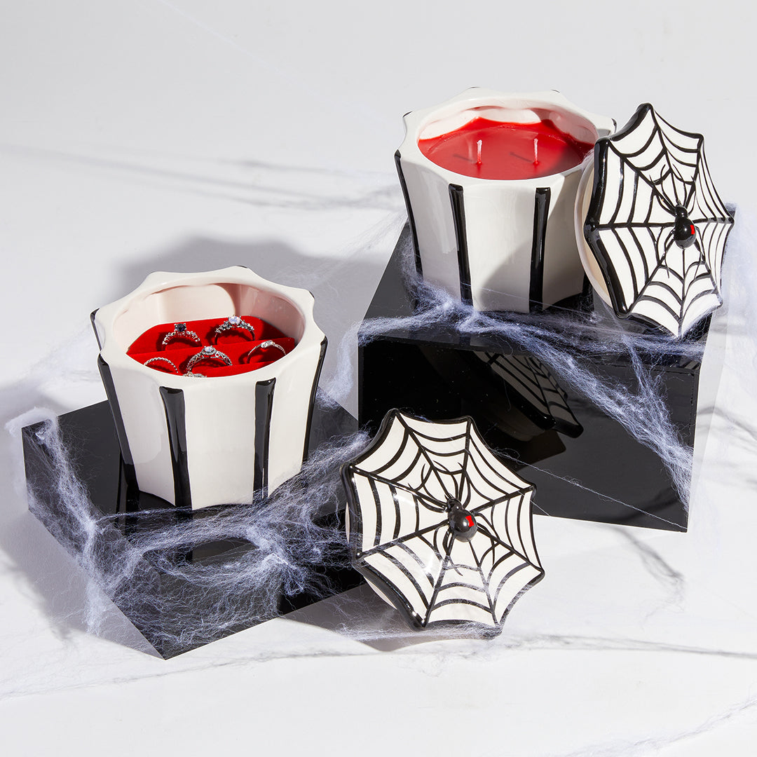 Black Widow Jewel Candle Ceramic | Spider Jewelry Box Candle with Hidden Surprise Ring