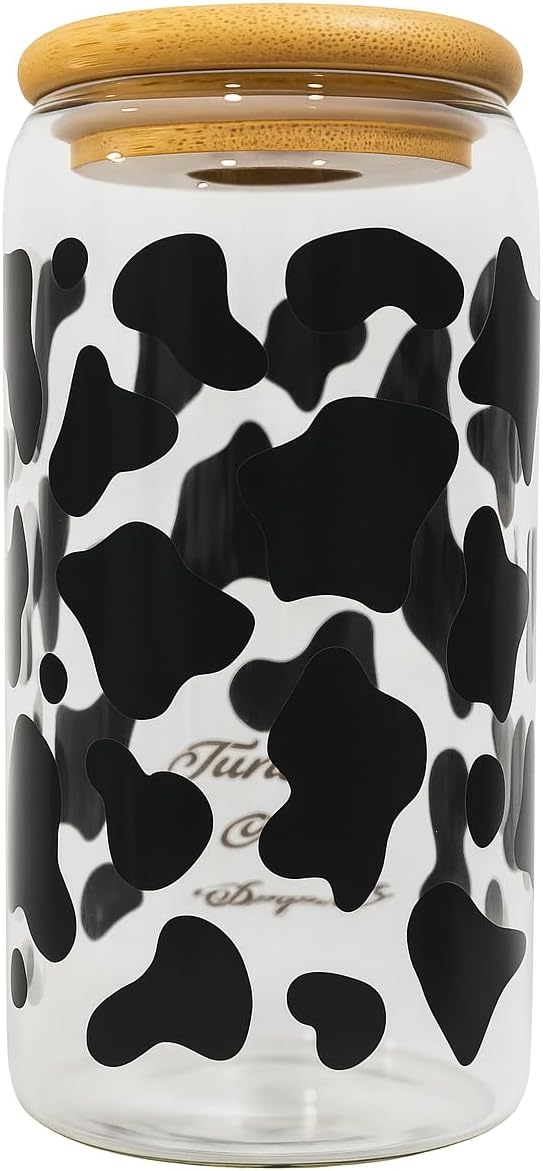 Cow Print 16oz Iced Coffee Glass Cup with Bamboo Lid & Reusable Straw
