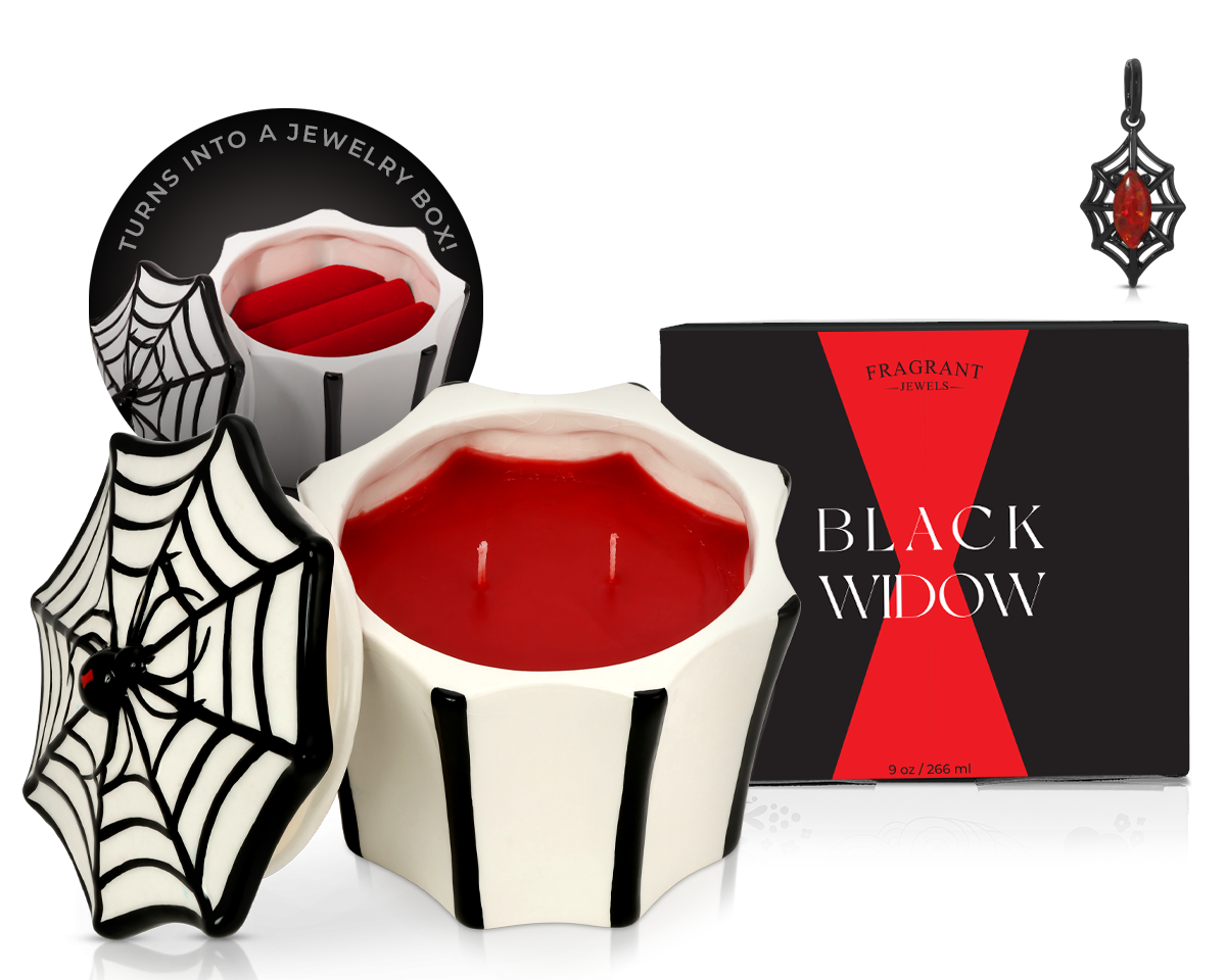 Black Widow Jewel Candle Ceramic | Spider Jewelry Box Candle with Hidden Surprise Ring