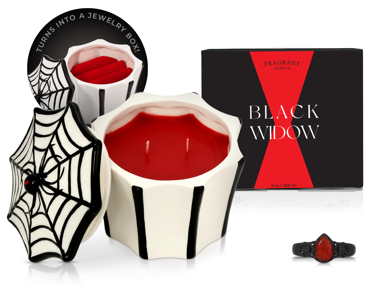 Black Widow Jewel Candle Ceramic | Spider Jewelry Box Candle with Hidden Surprise Ring