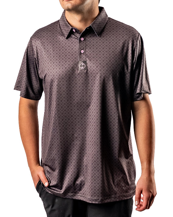 Pins & Aces x Blazy Susan men’s performance golf polo featuring a lightweight stretch design, short sleeves, and athletic golf fit.