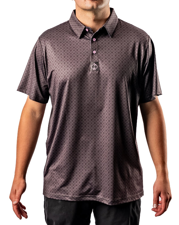 Pins & Aces x Blazy Susan men’s performance golf polo featuring a lightweight stretch design, short sleeves, and athletic golf fit.