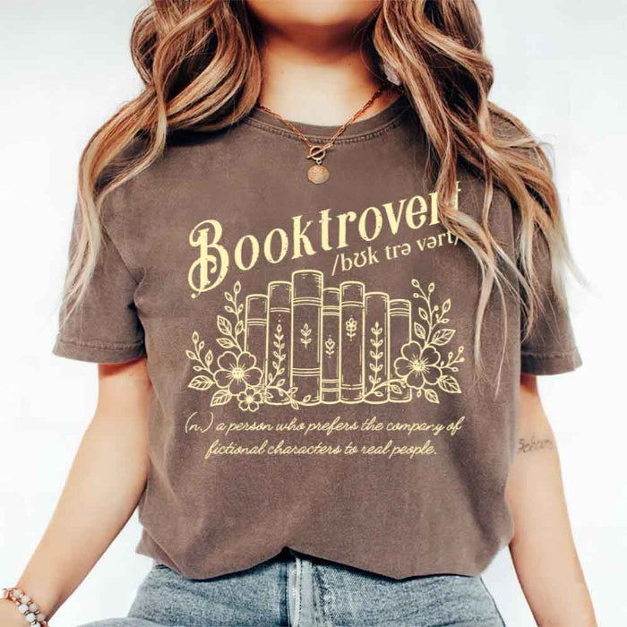 Booktrovert Comfort Colors T-shirt featuring a playful book lover graphic on a relaxed garment-dyed 100% cotton tee for readers and bookworms in color Espresso