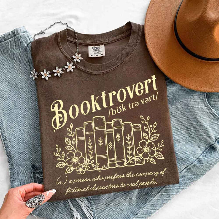 Booktrovert Comfort Colors T-shirt featuring a playful book lover graphic on a relaxed garment-dyed 100% cotton tee for readers and bookworms in color Espresso