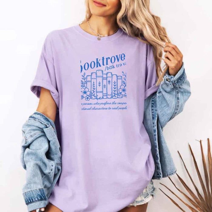 Booktrovert Comfort Colors T-shirt featuring a playful book lover graphic on a relaxed garment-dyed 100% cotton tee for readers and bookworms in color Orchid