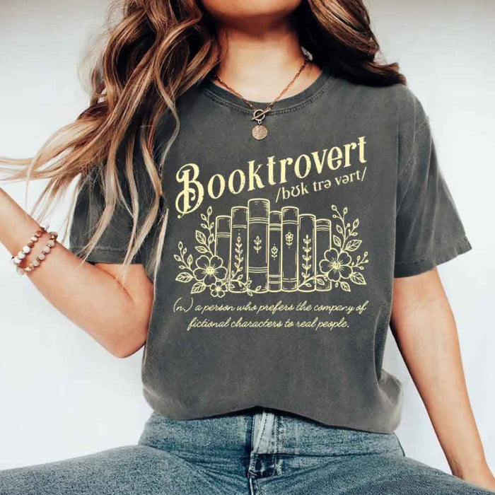 Booktrovert Comfort Colors T-shirt featuring a playful book lover graphic on a relaxed garment-dyed 100% cotton tee for readers and bookworms in color Pepper