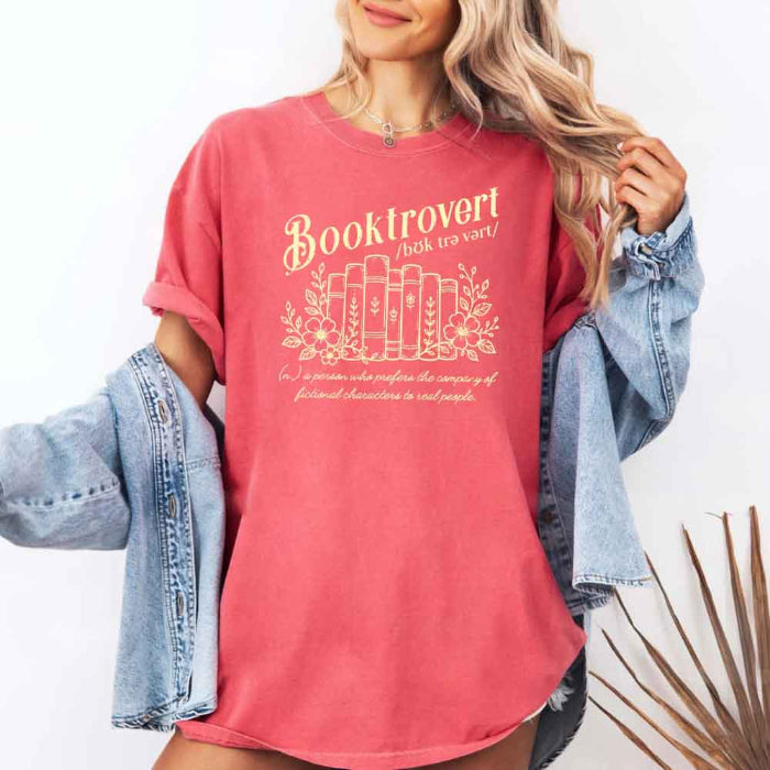 Booktrovert Comfort Colors T-shirt featuring a playful book lover graphic on a relaxed garment-dyed 100% cotton tee for readers and bookworms in color Watermelon
