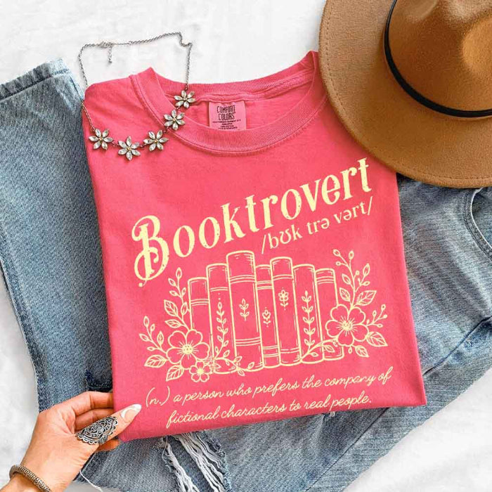 Booktrovert Comfort Colors T-shirt featuring a playful book lover graphic on a relaxed garment-dyed 100% cotton tee for readers and bookworms in color Watermelon