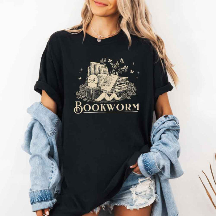 Bookworm Comfort Colors graphic T-shirt featuring a book lover design on a relaxed garment-dyed tee for readers and bookworms in Black