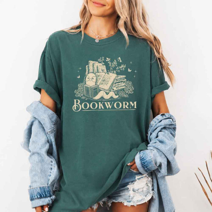 Bookworm Comfort Colors graphic T-shirt featuring a book lover design on a relaxed garment-dyed tee for readers and bookworms in Blue Spruce