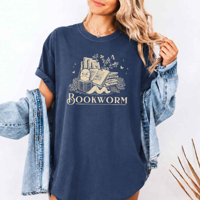 Bookworm Comfort Colors graphic T-shirt featuring a book lover design on a relaxed garment-dyed tee for readers and bookworms in Denim