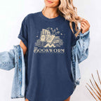 Bookworm Comfort Colors graphic T-shirt featuring a book lover design on a relaxed garment-dyed tee for readers and bookworms in Denim