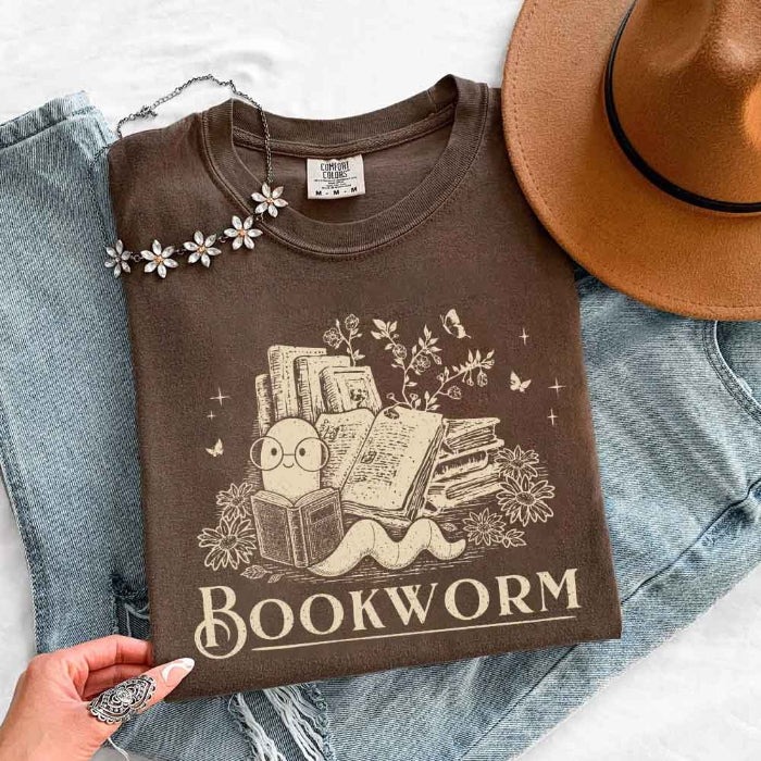 Bookworm Comfort Colors graphic T-shirt featuring a book lover design on a relaxed garment-dyed tee for readers and bookworms in Espresso