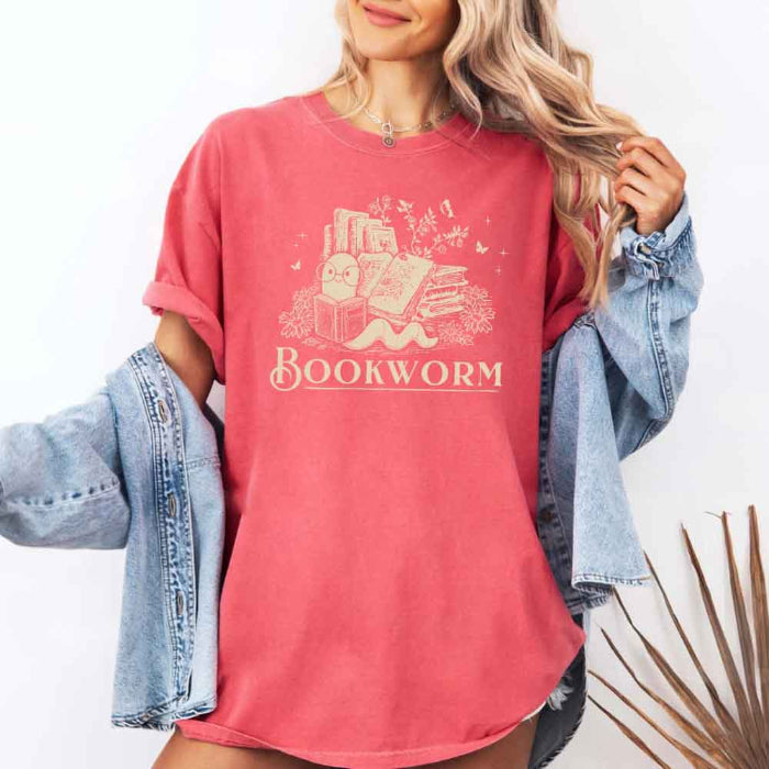 Bookworm Comfort Colors graphic T-shirt featuring a book lover design on a relaxed garment-dyed tee for readers and bookworms in Watermelon