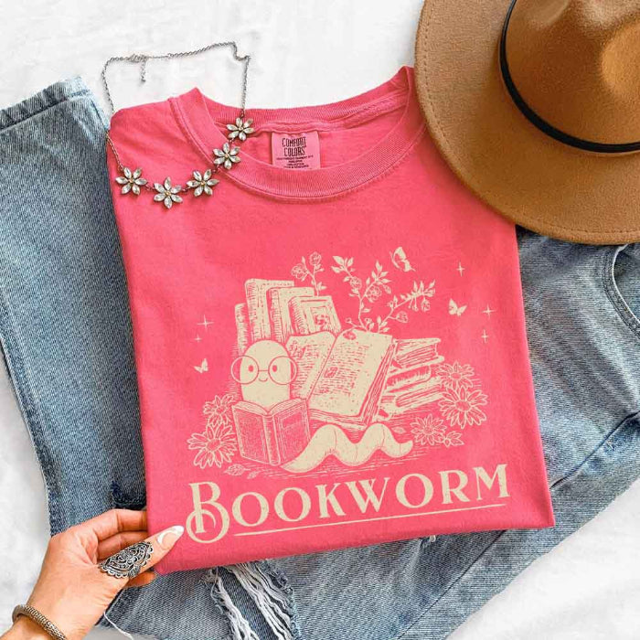 Bookworm Comfort Colors graphic T-shirt featuring a book lover design on a relaxed garment-dyed tee for readers and bookworms in Watermelon