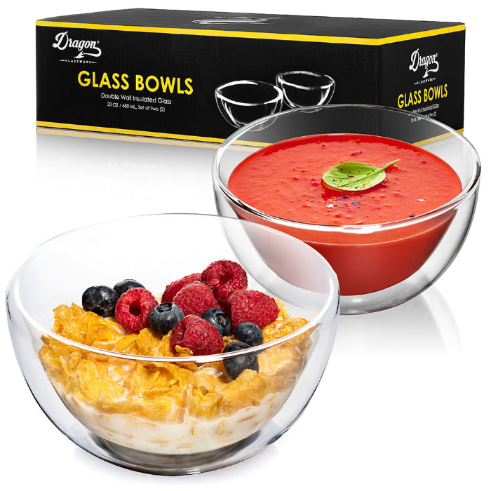Set of two clear double wall glass cereal and soup bowls with a modern transparent design.