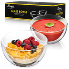 Set of two clear double wall glass cereal and soup bowls with a modern transparent design.