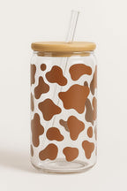 Cow Print Iced Coffee Glass Cup – 16oz Glass with Bamboo Lid