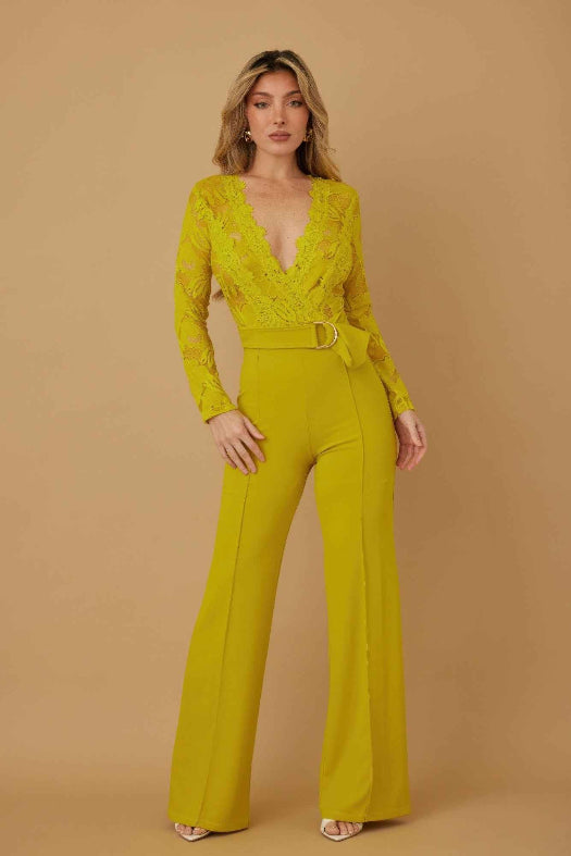 Yellow Lace Crochet Long Sleeve Jumpsuit | Elegant Wide Leg Evening Jumpsuit
