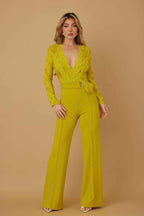 Yellow Lace Crochet Long Sleeve Jumpsuit | Elegant Wide Leg Evening Jumpsuit