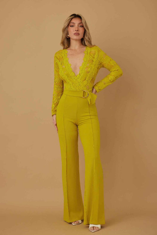 Yellow Lace Crochet Long Sleeve Jumpsuit | Elegant Wide Leg Evening Jumpsuit