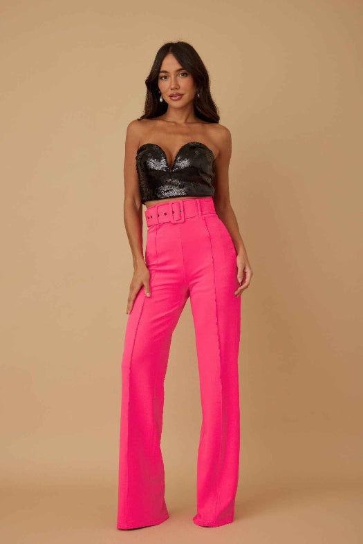 Hot Pink High Waist Flared Pants with Buckle Belt | Women's Dress Pants in Hot Pink