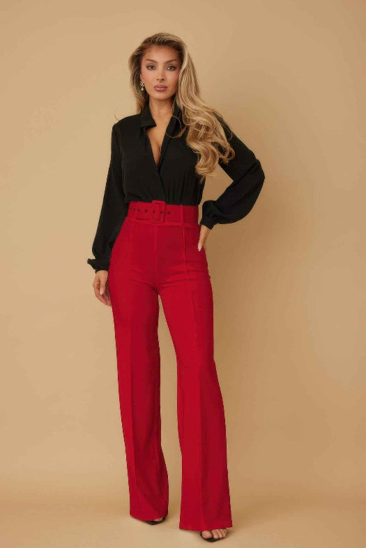 Red High Waist Flared Pants with Buckle Belt | Women's Dress Pants