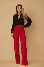 Red High Waist Flared Pants with Buckle Belt | Women's Dress Pants