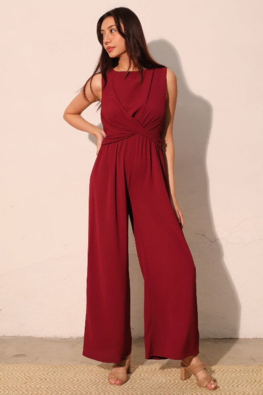 Burgundy Textured Solid Twist Front Jumpsuit for Women | Wide Leg Jumpsuit