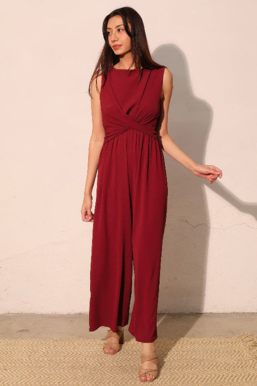 Burgundy Textured Solid Twist Front Jumpsuit for Women | Wide Leg Jumpsuit
