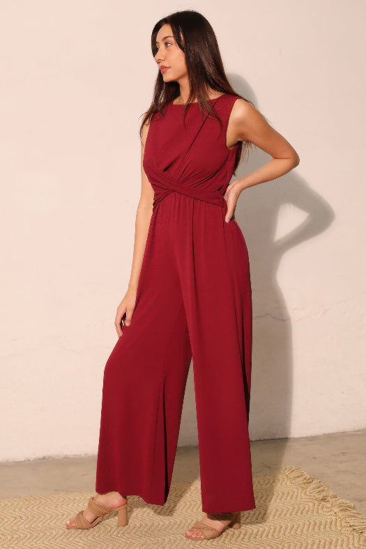 Burgundy Textured Solid Twist Front Jumpsuit for Women | Wide Leg Jumpsuit
