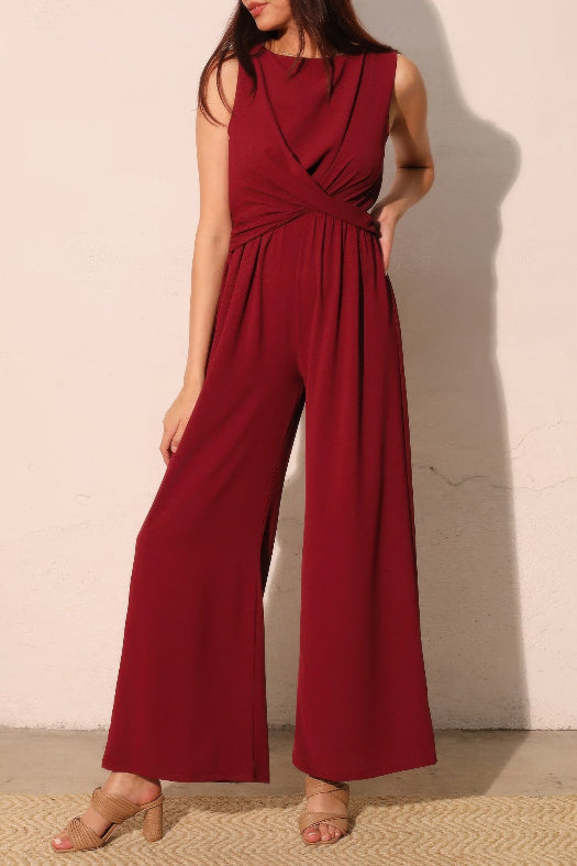 Burgundy Textured Solid Twist Front Jumpsuit for Women | Wide Leg Jumpsuit