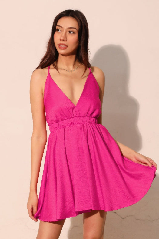 Fuchsia Pink Washed Satin Crepe Cami Skater Dress for Women | Satin Mini Dress