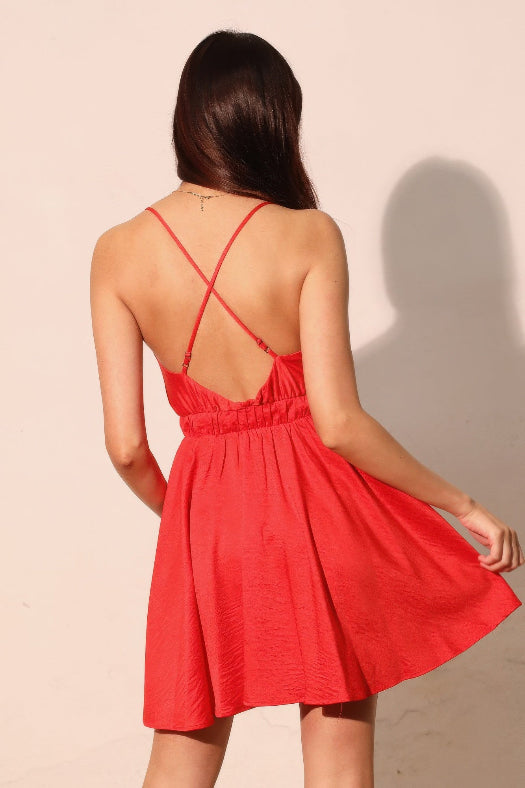 Red Washed Satin Crepe Cami Skater Dress for Women | Satin Mini Dress