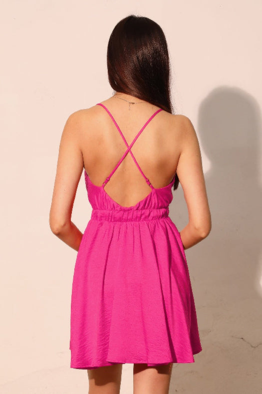 Fuchsia Pink Washed Satin Crepe Cami Skater Dress for Women | Satin Mini Dress