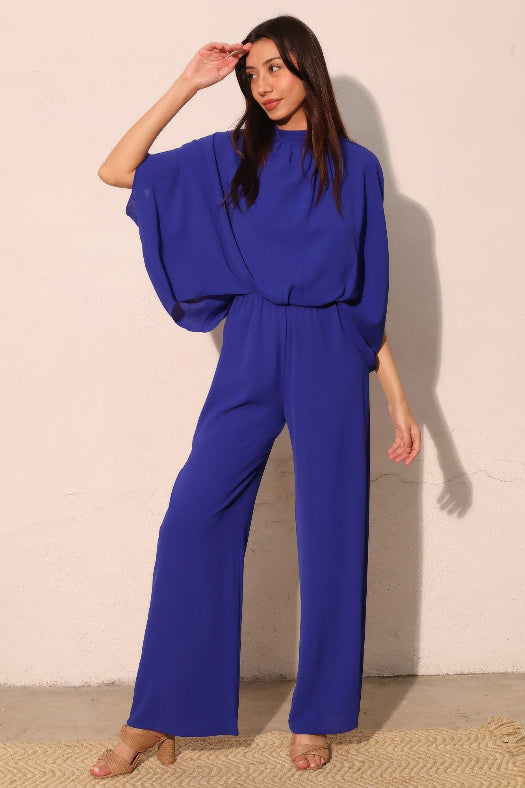 Royal Blue Textured Solid Mock Neck Caftan Jumpsuit for Women | One-Piece Outfit