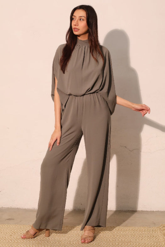 Brown Textured Solid Mock Neck Caftan Jumpsuit for Women | One-Piece Outfit in Brown
