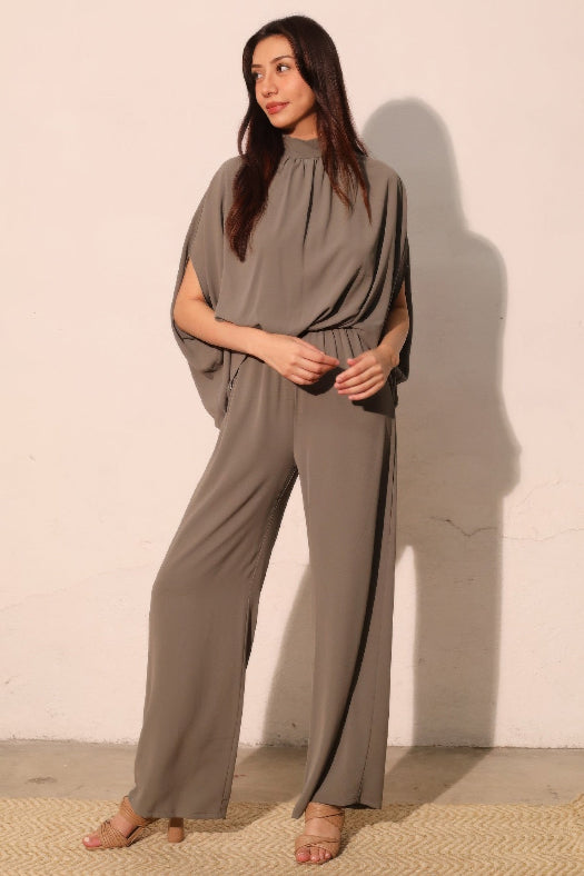 Brown Textured Solid Mock Neck Caftan Jumpsuit for Women | One-Piece Outfit in Brown