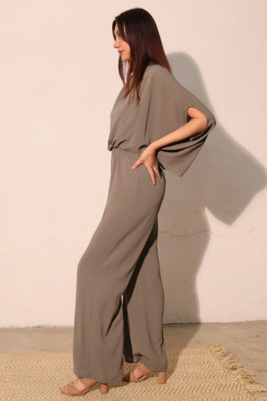 Brown Textured Solid Mock Neck Caftan Jumpsuit for Women | One-Piece Outfit in Brown