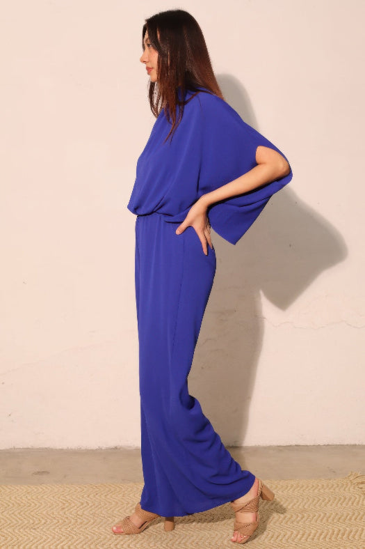 Royal Blue Textured Solid Mock Neck Caftan Jumpsuit for Women | One-Piece Outfit