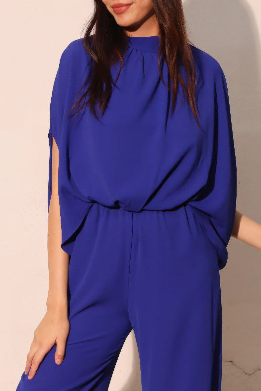 Royal Blue Textured Solid Mock Neck Caftan Jumpsuit for Women | One-Piece Outfit