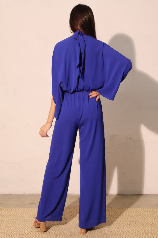Royal Blue Textured Solid Mock Neck Caftan Jumpsuit for Women | One-Piece Outfit