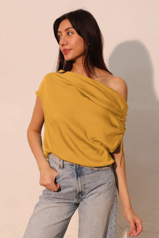 Mustard Yellow Washed Poly Silk Asymmetrical Drawstring Top for Women | Silk-Look Blouse