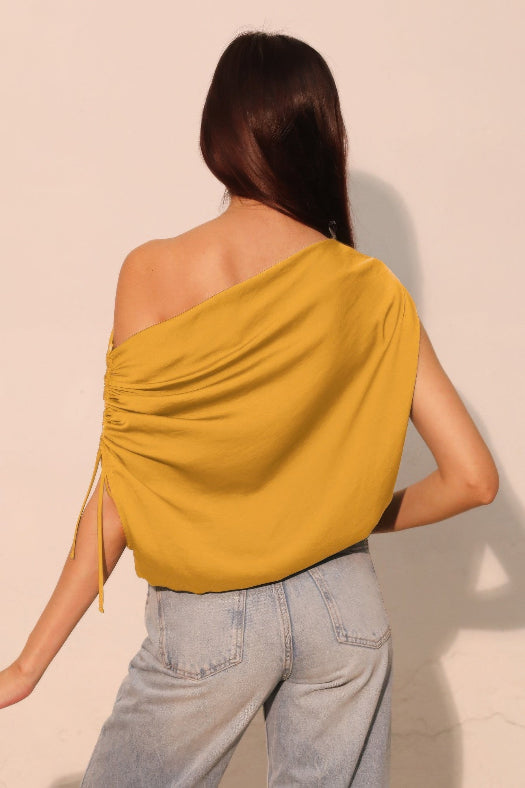 Mustard Yellow Washed Poly Silk Asymmetrical Drawstring Top for Women | Silk-Look Blouse