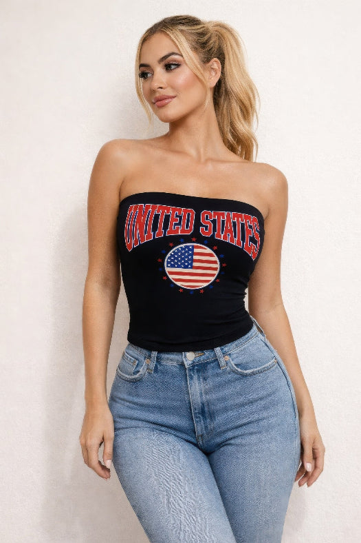 Women's patriotic USA tube top featuring a strapless design and soft stretch cotton fabric