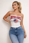 Patriotic USA graphic strapless stretch tube top with triangle hem and fitted silhouette in white
