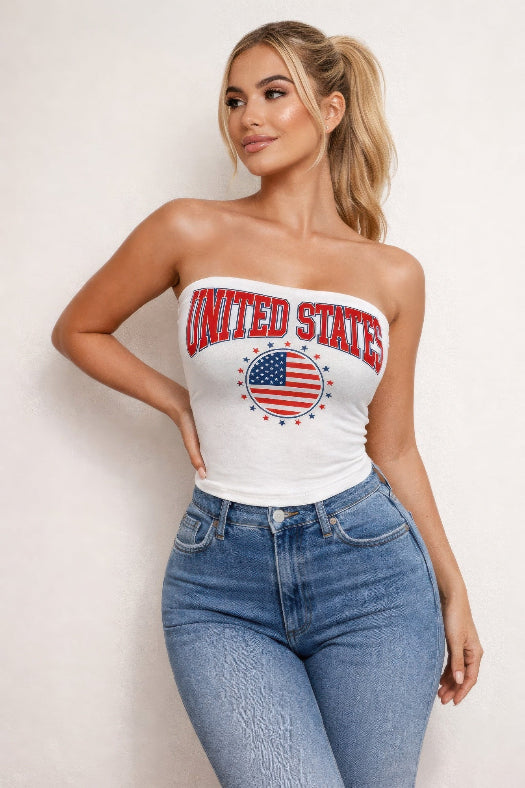 Patriotic USA graphic strapless stretch tube top with triangle hem and fitted silhouette in white
