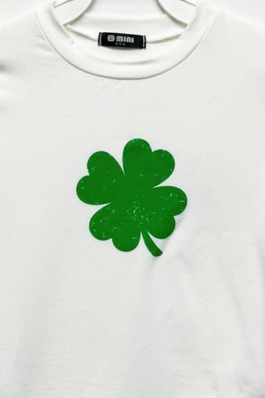White Four Leaf Clover graphic print cotton t-shirt featuring a green lucky clover design